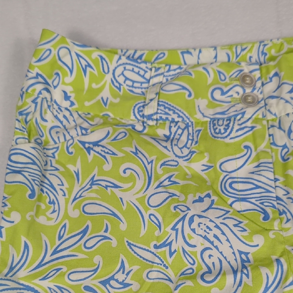 J. McLaughlin Lime Green‎ Blue Patterned High Waist Capri Pants Women's Size 6